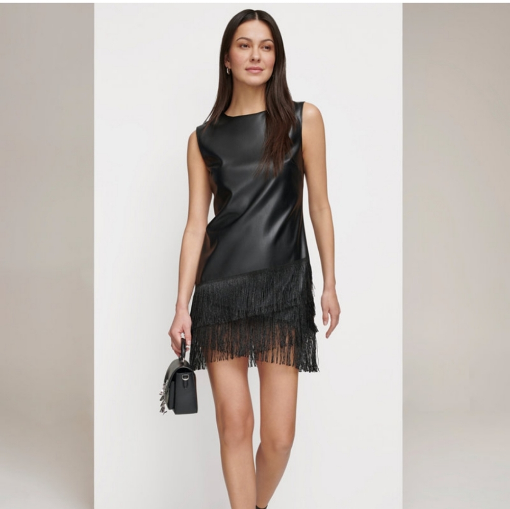 DKNY Faux-Leather Fringe-Trim Sleeveless Dress Size 2